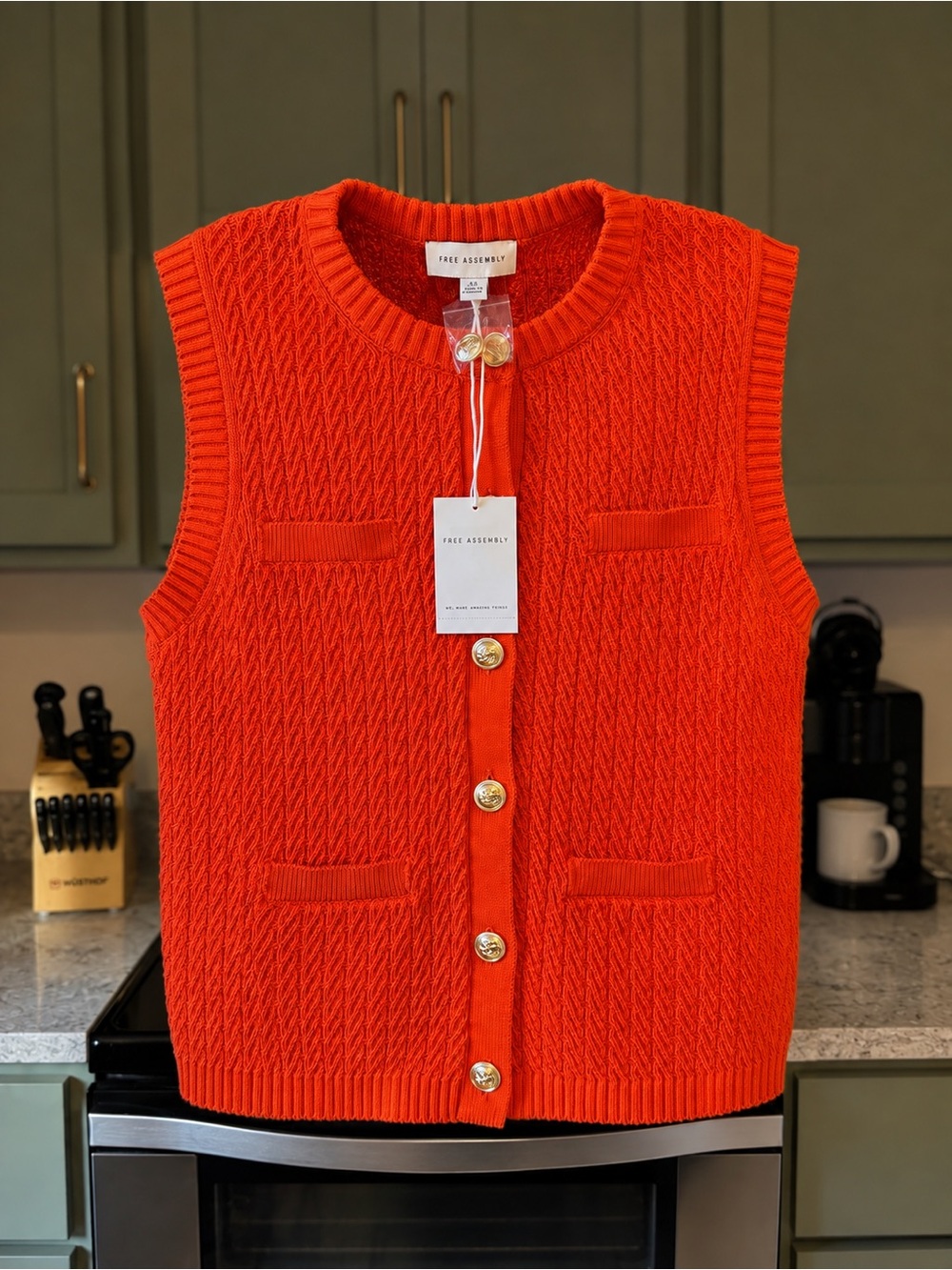 Free Assembly Bright Red Knit Button Vest